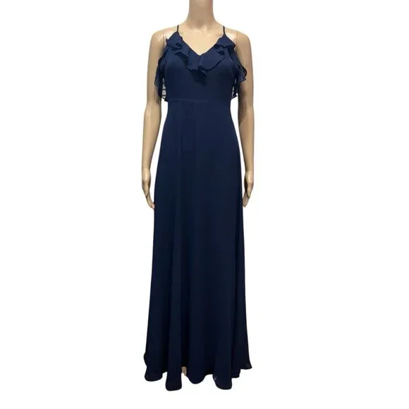 Lulus Metropolitan Navy Blue Ruffled Maxi Dress Large V Neck Sleeveless - Picture 5 of 16